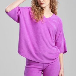 Natori Terry Lounge Top Plum Purple V-Neck Wide Sleeve Sleepwear Size XL